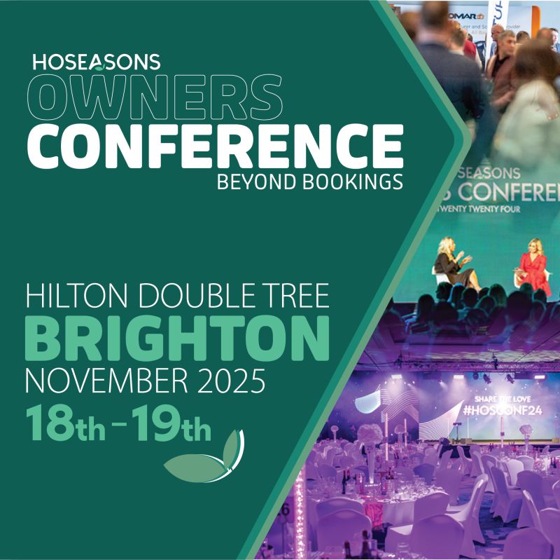 Hoseasons Owners Conference 2025 promotional graphic showing event details: 18–19 November at Hilton DoubleTree Brighton, theme Beyond Bookings.